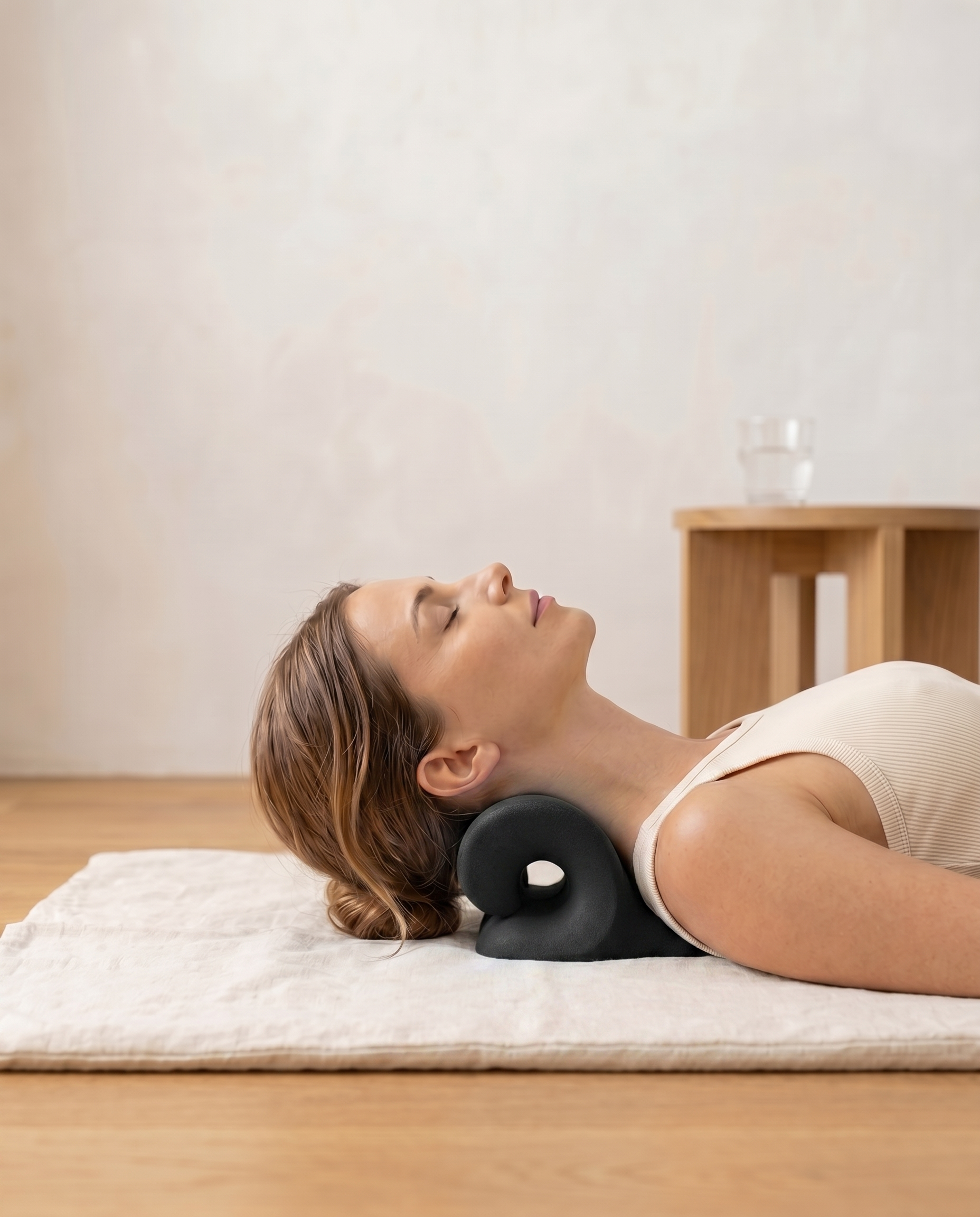 Woman using a black neck pillow on a wooden floor with a plain wall background